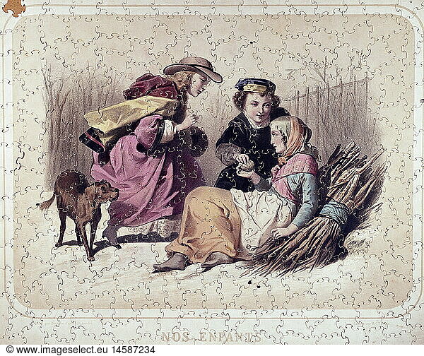 game  jigsaw puzzle  'Nos efents'  colour lithograph after Desandre  Lemercier et Cie.  Paris  circa 1865  Munich Stadtmuseum