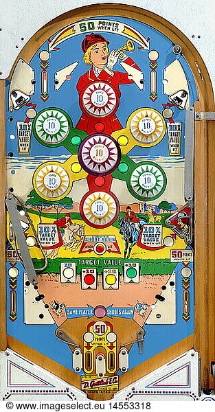 games  game of chance  pinball  game field  detail  made by D. Gottlieb u. Co.  'Thoro Bred'  1965