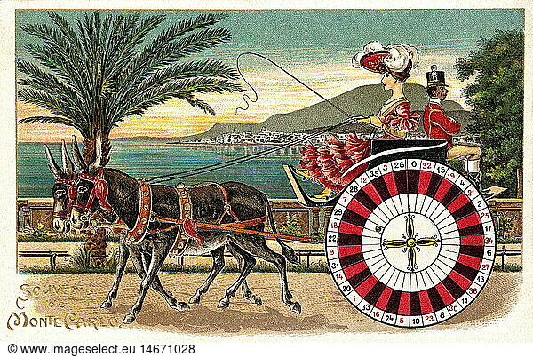 games  game of chance  Souvenir de Monte Carlo  lady on donkey cart  Monte Carlo  Monaco  circa 1903