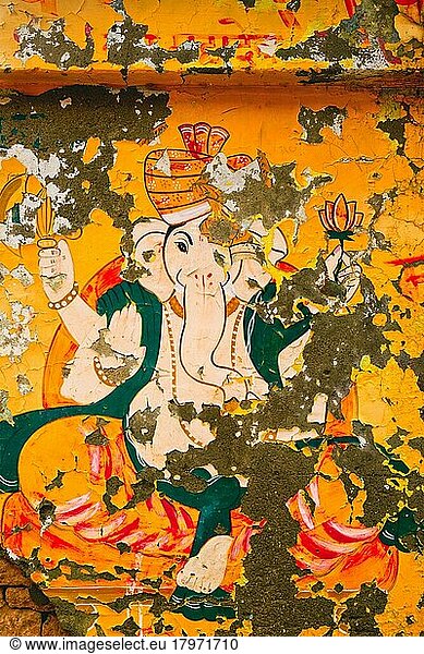 Ganesh Ganesha Indischer Hindu-Gott Bild an der Wand gemalt. Jaiasalmer  Rajasthan  Indien  Asien