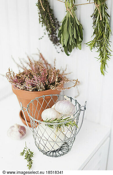 Garlic in metal basket with herbs hanging on wall