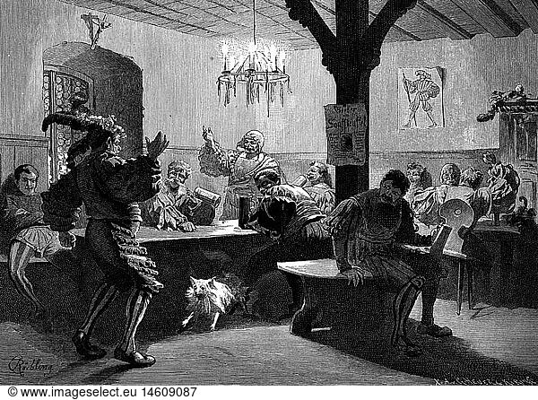 gastronomy  inns  partying in tavern with drinks and games  after Carl RÃ¶chling (1855 - 1920)  wood engraving  19th century  19th century  graphic  graphics  tavern  hotel  restaurant  taverns  inn  inns  half length  standing  sitting  sit  table  tables  bench  benches  beer mug  beer mugs  tankard  tankards  drinking  drink  celebration  celebrating  celebrate  game  games  gaming  playing  play  fun  dog  dogs  clothes  lansquenet  Landsknechts  man-at-arms  historic  historical  male  man  men  people