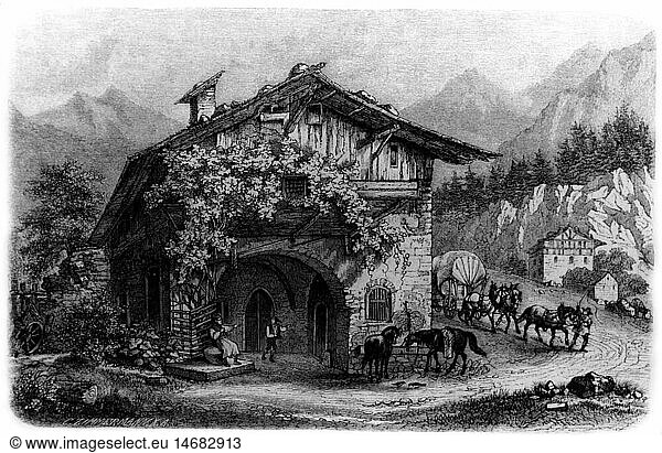 gastronomy  inns  tavern near Brixen  exterior view  wood engraving  by C.Zimmermann  19th century  19th century  graphic  graphics  geography / travel  geography  travel  Europe  Italy  South Tyrol  building  buildings  tavern  hotel  restaurant  taverns  inn  inns  horse  horses  horse-drawn vehicle  cart  carts  rest  Alps  historic  historical  people