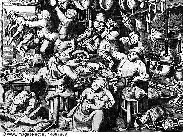gastronomy  meals  'The Fat Kitchen'  by Pieter Bruegel the Elder (circa 1525 - 1569)  copper engraving  1563