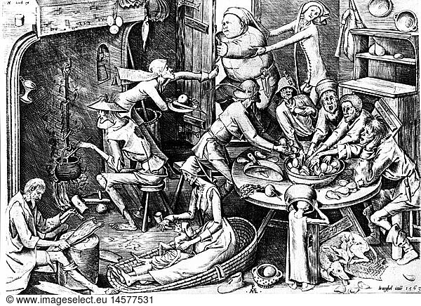 gastronomy  meals  'The Meager Kitchen'  by Pieter Bruegel the Elder (circa 1525 - 1569)  copper engraving  1563