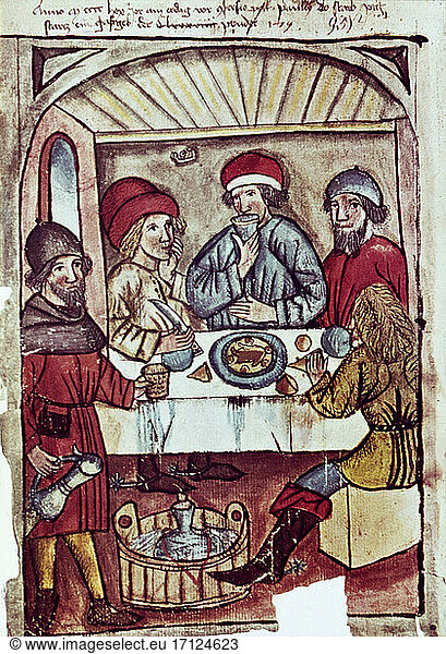 Gastronomy:
Restaurant. Nuremberg Tavern. Manuscript illumination  c. 1470.
Nuremberg  German National Museum.