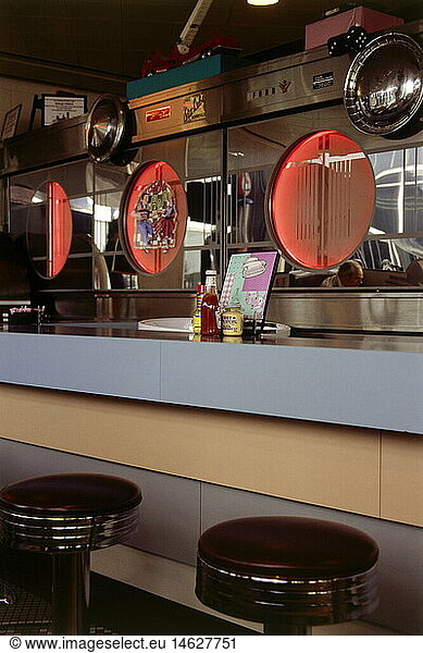 gastronomy  restaurants  bar in Diners style  bar counter  interior view  1950s
