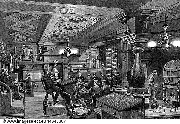 gastronomy  tavern  interior  skittle alley of the 'Malkasten' in Duesseldorf  wood engraving after drawing by Th. by Eckenbrecher  1885