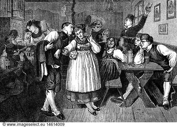 gastronomy  tavern  wine tavern of the Protestant peasants of Bouxwiller  interior view  after Charles Marchal  wood engraving  1861
