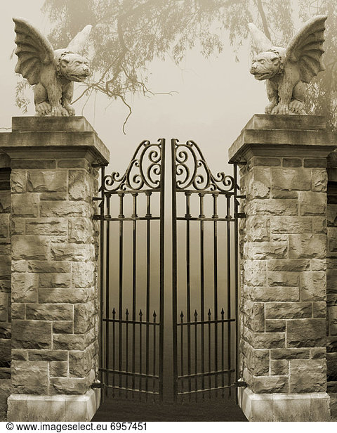 Gate With Winged Dog Statues