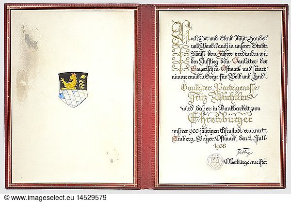 Gauleiter Fritz WÃ¤chtler (1891 - 1945) - a honorary citizenship document of the City of Amberg 1938  Two parchment pages with hand-painted coat of arms of the City of Amberg  the calligraphic award text outstandingly rendered in black and red India ink as well as in raised gold lettering  dated 'Amberg  Bayer. Ostmark  den 2. Juli 1938'. With the stamped seal of the city and signature in ink of Lord Mayor Josef Filbig. The left parchment page somewhat spotted  the lower right side edge somewhat loose. The pages embedded in a red leather folder with a gold-stamped national eagle and a gold linear dÃ©cor. The spine and edges somewhat faulty. Dimensions 39 x 30 cm. Included is a contemporary print of WÃ¤chtler  historic  historical  1930s  20th century  party organisation  party organization  organisations  organizations  organization  organisation  party  parties  political party  German  Germany  NS  National Socialism  Nazism  Third Reich  German Reich  utensil  piece of equipment  utensils  object  objects  stills  clipping  clippings  cut out  cut-out  cut-outs  National Socialist  Nazi  Nazi period  document  documents