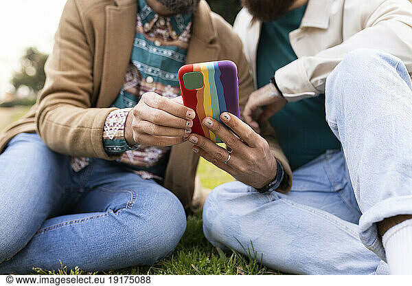 Gay couple using mobile phone in park