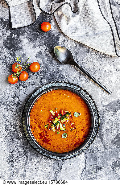 Gazpacho - cold tomato soup with cucumber topping