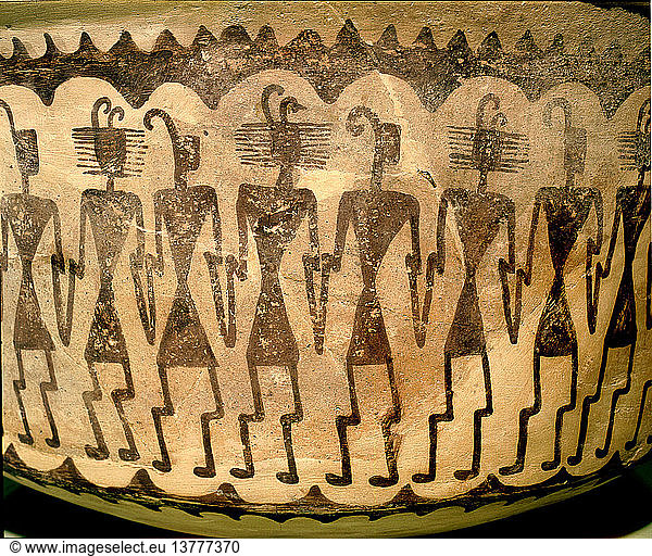 Gefäß mit einer Darstellung von Figuren bei einem zeremoniellen Tanz  USA. Hohokam. AD 500 900. Schlangenstadt.