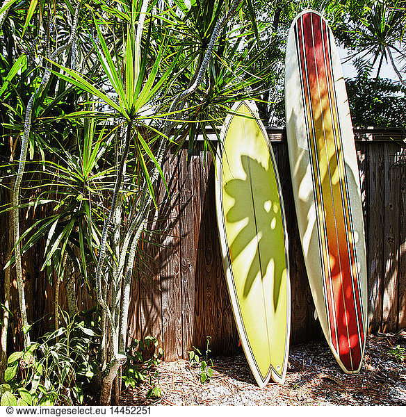 Gegen einen Zaun gelehnte Surfbretter