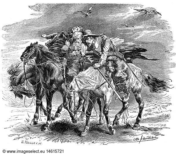 Geibel  Emanuel  17.10.1815 - 6.4.1884  deut. Schriftsteller  Werke  'Die drei Reiter'  nach Zeichnung von Otto Fikentscher (1862 - 1945)  Xylografie von K.MÃ¼ller  Ende 19. Jahrhundert