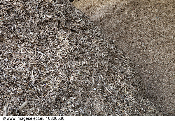 Gelagerte organische Abfälle  die sich in einem großen Lager für die Produktion von Biomassebrennstoff angehäuft haben.