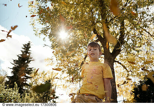 Gelb gekleideter Junge  der im Herbst im Laub spielt
