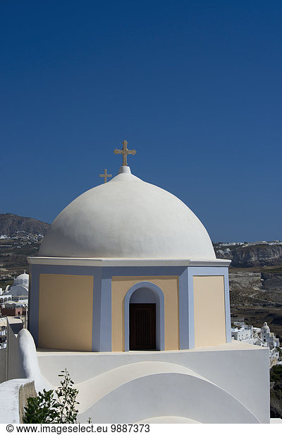 gelb Kirche Santorin Gewölbe katholisch Kykladen Fira Griechenland Griechische Inseln