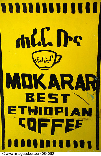 Gelbes Schild Mokarar Best Ethiopian Coffe Addis Abeba Äthiopien