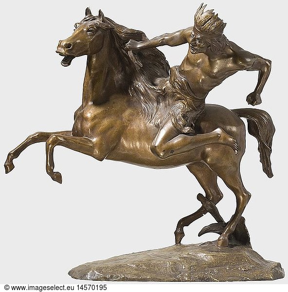 GEMÃ„LDE UND SKULPTUREN  Charles Lemoine (1839 - ?) - Krieger zu Pferde  patinierte Bronze. Krieger im Kopfschmuck  die rechte Hand in die MÃ¤hne seines Pferdes verkrallt  die linke ursprÃ¼nglich einen Speer haltend. Auf unregelmÃ¤ÃŸig geformter Basis  diese signiert 'Lemoine'. HÃ¶he 43 cm GEMÃ„LDE UND SKULPTUREN, Charles Lemoine (1839 - ?) - Krieger zu Pferde, patinierte Bronze. Krieger im Kopfschmuck, die rechte Hand in die MÃ¤hne seines Pferdes verkrallt, die linke ursprÃ¼nglich einen Speer haltend. Auf unregelmÃ¤ÃŸig geformter Basis, diese signiert 'Lemoine'. HÃ¶he 43 cm,