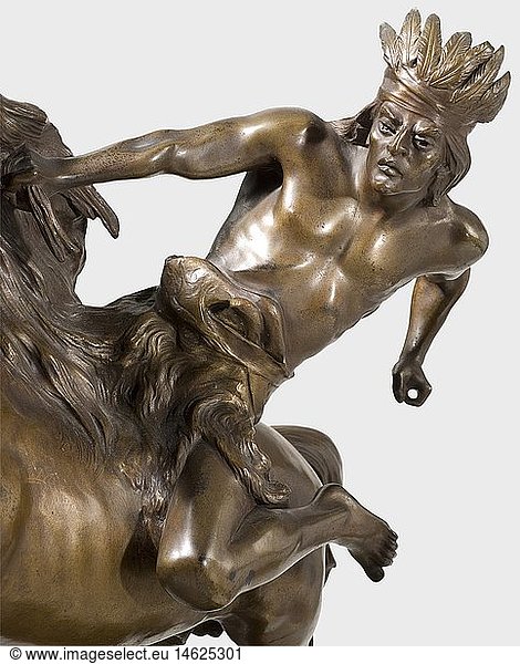 GEMÃ„LDE UND SKULPTUREN  Charles Lemoine (1839 - ?) - Krieger zu Pferde  patinierte Bronze. Krieger im Kopfschmuck  die rechte Hand in die MÃ¤hne seines Pferdes verkrallt  die linke ursprÃ¼nglich einen Speer haltend. Auf unregelmÃ¤ÃŸig geformter Basis  diese signiert 'Lemoine'. HÃ¶he 43 cm GEMÃ„LDE UND SKULPTUREN, Charles Lemoine (1839 - ?) - Krieger zu Pferde, patinierte Bronze. Krieger im Kopfschmuck, die rechte Hand in die MÃ¤hne seines Pferdes verkrallt, die linke ursprÃ¼nglich einen Speer haltend. Auf unregelmÃ¤ÃŸig geformter Basis, diese signiert 'Lemoine'. HÃ¶he 43 cm,