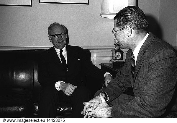 GEN Adolf Heusinger  Federal Republic of Germany  Chairman  North Atlantic Treaty Organization (NATO) Military Committee  meets with Secretary of Defense Robert S. McNamara  right  at the Pentagon to discuss defense matters relating to NATO. Washington D.C.(USA) Date 28 February 1964