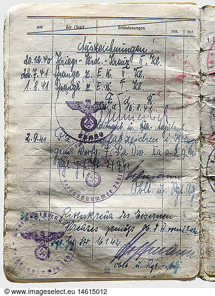 General of Panzer Troops Hasso von Manteuffel (1897 - 1978)  Soldbuch (pay book) Issued 20 September 1939 as a Major in Cavalry School 8  ID photo with Knight's Cross  many entries: promotions up to General of Panzer Troops  Knight's Cross  Oak Leaves  Oak Leaves with Swords  Oak Leaves with Swords and Diamonds  Tank Battle Badge in Bronze and Silver. Obvious signs of use  the cover is worn out. For uniforms and other items from Manteuffel's estate  see Hermann Historica historic  historical  1930s  1930s  20th century  armoured corps  armored corps  tank force  tank forces  branch of service  branches of service  armed service  armed services  military  militaria  utensil  piece of equipment  utensils  object  objects  stills  army  Wehrmacht  NS  National Socialism  Nazism  Third Reich  German Reich  Germany  clipping  clippings  cut out  cut-out  cut-outs  document  documents