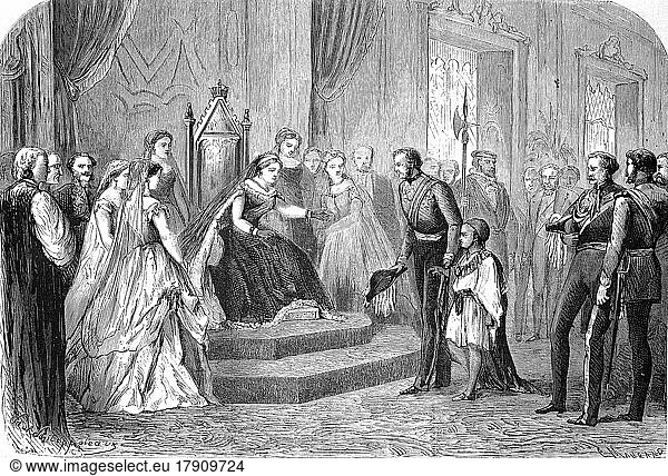 General Robert Napier stellt der englischen Königin Victoria den Sohn des Negus Theodoros von Abessinien vor  1869  England  Historisch  digital restaurierte Reproduktion einer Originalvorlage aus dem 19. Jahrhundert  genaues Originaldatum nicht bekannt