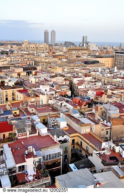 General view of Barcelona from bell tower of Santa Maria del Pi church. situated on the Plaça del Pi,  in the Barri Gòtic district of the city Catalonia,  Spain.