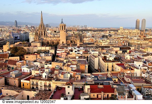 General view of Barcelona from bell tower of Santa Maria del Pi church. situated on the Plaça del Pi  in the Barri Gòtic district of the city Catalonia  Spain.