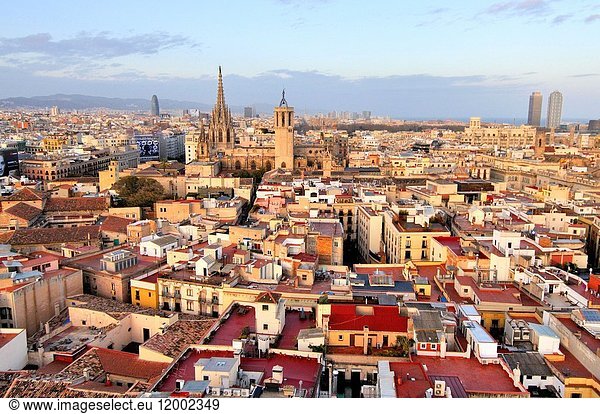 General view of Barcelona from bell tower of Santa Maria del Pi church. situated on the Plaça del Pi in the Barri Gòtic district of the city Catalonia Spain.