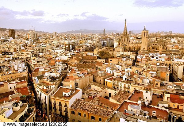 General view of Barcelona from bell tower of Santa Maria del Pi church. situated on the Plaça del Pi in the Barri Gòtic district of the city Catalonia Spain.