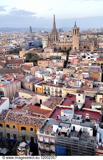 General view of Barcelona from bell tower of Santa Maria del Pi church. situated on the Plaça del Pi in the Barri Gòtic district of the city Catalonia Spain.