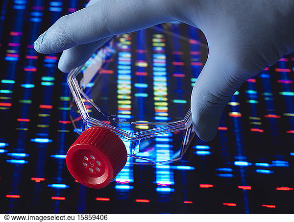 Genetische Forschung  Fläschchen mit Zellen mit dem dahinter liegenden DNA-Profil.