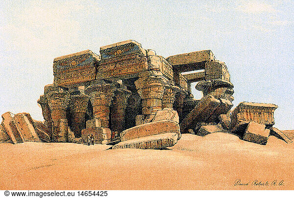 Geo hist., Ägypten, Kom Ombo, Ruine des Tempel vom Sand verschüttet, nach Lithographie von David Roberts, 1856