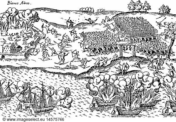 Geo. hist.  Argentinien  StÃ¤dte  Buenos Aires  Belagerung durch Carenndi  Zechurua u.a. Indianer  Kupferstich aus der Reisebeschreibung von Ulrich Schmidl (1510 - um 1580)