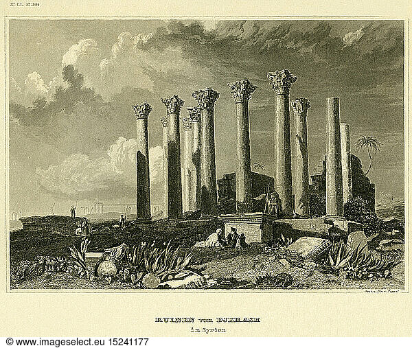 Geo. hist.  Asien  Jordanien  Jerash  Originaltext: Ruinen von Djerash in Syrien '  rÃ¶mischer Tempel der Artemis  Stahlstich von Poppel  um 1840