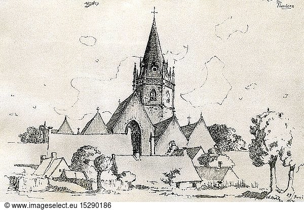 Geo hist.  Belgien  Gemeinden  Ardooie  Flandern  Ansicht mit Martinskirche  Zeichnung von Adolf Hitler  27.6.1917