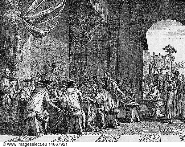 Geo. hist.  Belgien  Justiz  'Rat der Unruhen'  BrÃ¼ssel  1567 - 1573  Sitzung  Kupferstich  16. Jahrhundert