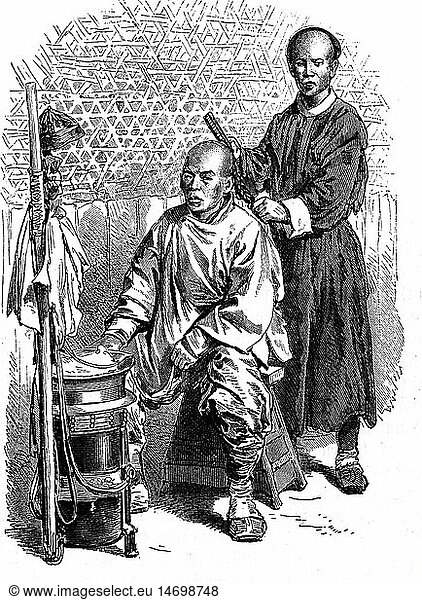 Geo. hist.  China  Handwerk  Barbiere  Barbier mit Kunden  Xylographie  19. Jahrhundert Geo. hist., China, Handwerk, Barbiere, Barbier mit Kunden, Xylographie, 19. Jahrhundert,
