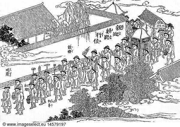 Geo. hist.  China  Menschen  Totenkult  Leichenzug beim BegrÃ¤bnis eines reichen chinesischen Kaufmanns  chinesischer Holzschnitt  um 1860