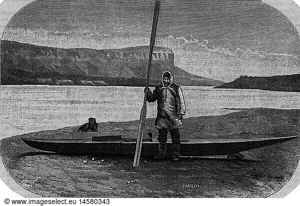 Geo hist.  DÃ¤nemark  GrÃ¶nland  Menschen  Eskimos  Mann vor einem Kajak  Fjord  Berge  Xylographie  1892 Geo hist., DÃ¤nemark, GrÃ¶nland, Menschen, Eskimos, Mann vor einem Kajak, Fjord, Berge, Xylographie, 1892,