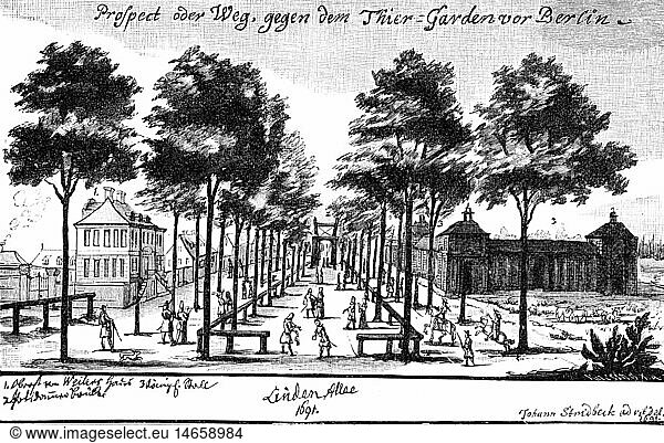 Geo. hist  Deutschland  Berlin  StraÃŸen  Linden-Allee (Unter den Linden)  Ansicht  Kupferstich von Johann Stridbeck  1691