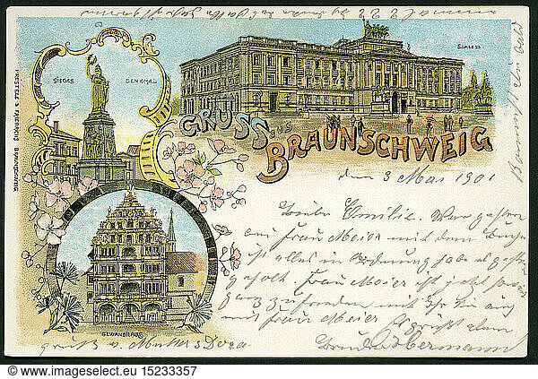 Geo. hist.  Deutschland  Niedersachsen  Braunschweig  Postkarte  gezeigt wird das SchloÃŸ  das Gewandhaus und das Siegesdenkmal  verschickt 1901