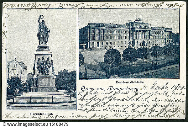 Geo. hist.  Deutschland  Niedersachsen  Braunschweig  Postkarte  zeigt das SchloÃŸ und das Siegesdenkmal  verschickt 30.12.1900
