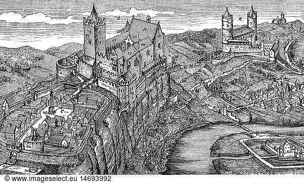 Geo. hist.  Deutschland  SchlÃ¶sser und Burgen  Rudelsburg und Saaleck im 13. Jahrhundert  AuÃŸenansicht  Rekonstruktion  Xylografie  Ende 19. Jahrhundert