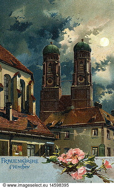 Geo. hist.  Deutschland  StÃ¤dte  MÃ¼nchen  Kirchen  Frauenkirche  FrauentÃ¼rme  AuÃŸenansicht  Kunstpostkarte nach Aquarell von T. Guggenberger  gestempelt 3.8.1901