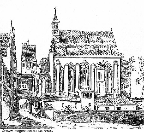 Geo. hist.  Deutschland  StÃ¤dte  MÃ¼nchen  Kirchen  Lorenzkirche im Alten Hof  erbaut 14. Jahrhundert  abgebrochen 1. Drittel 19. Jahrhundert  AuÃŸenansicht  Xylografie  2. HÃ¤lfte 19. Jahrhundert