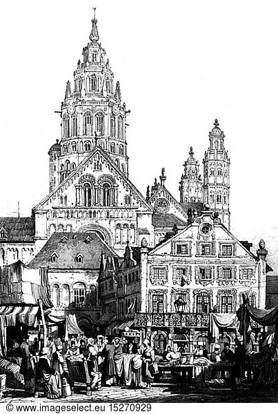 Geo. hist.  Deutschland  StÃ¤dte  Mainz  Markt  Steinzeichnung von Samuel Prout  um 1830